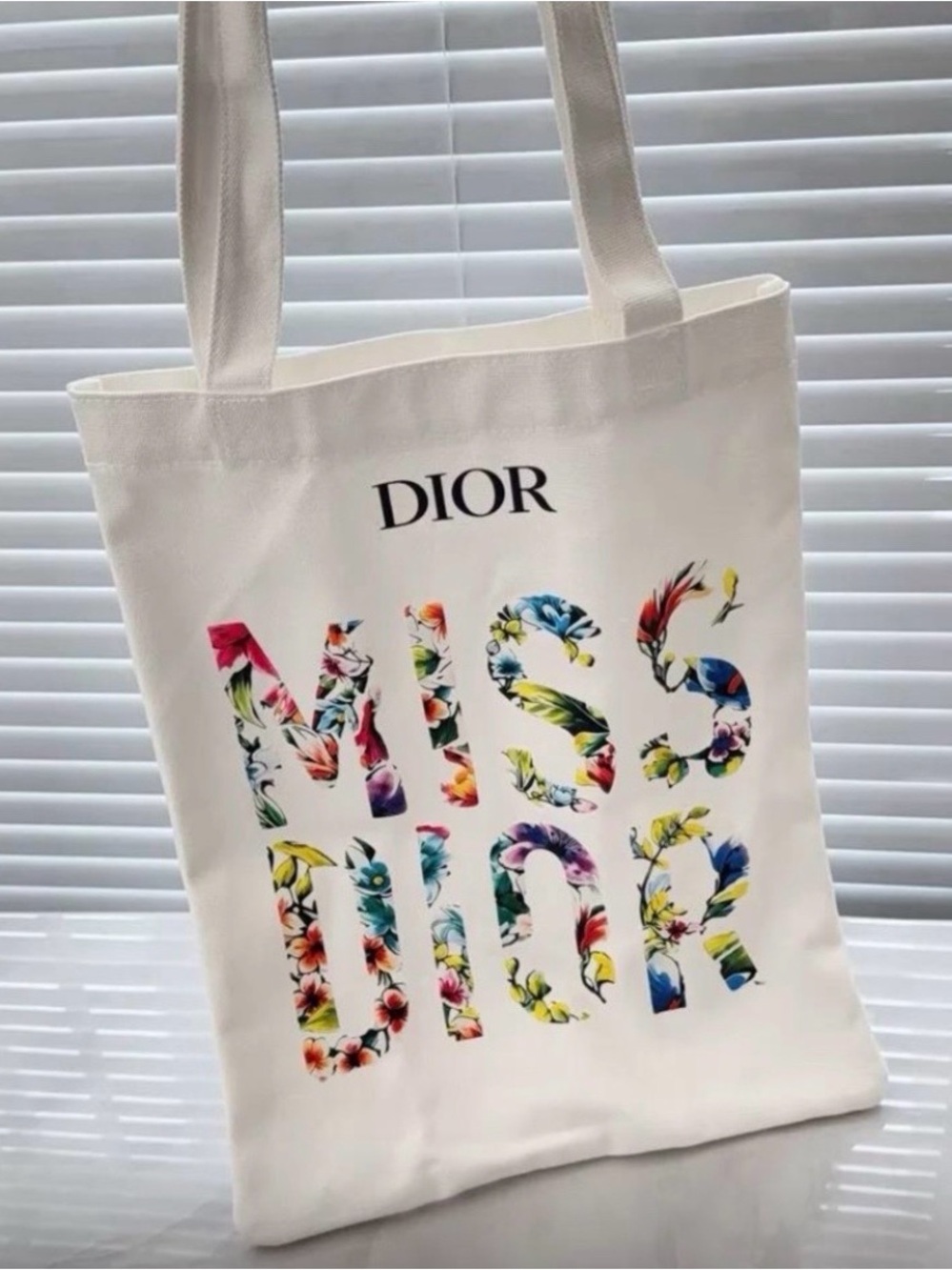 Dior White Canvas Tote with Multicolor Floral MISS DIOR Lettering
